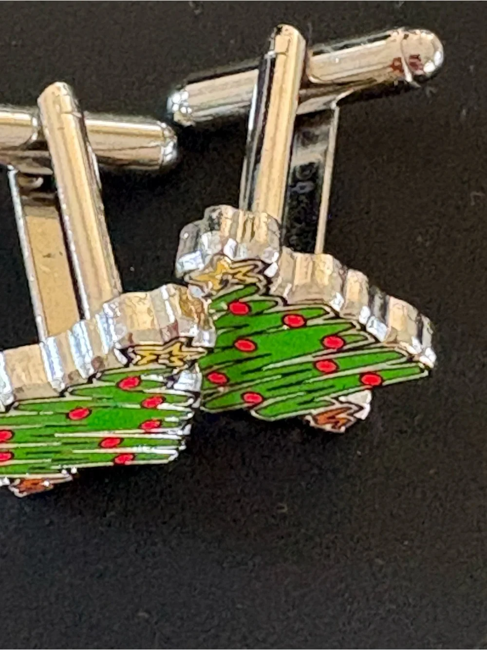Green and Silver Christmas Tree Cuff Links with Red Accents